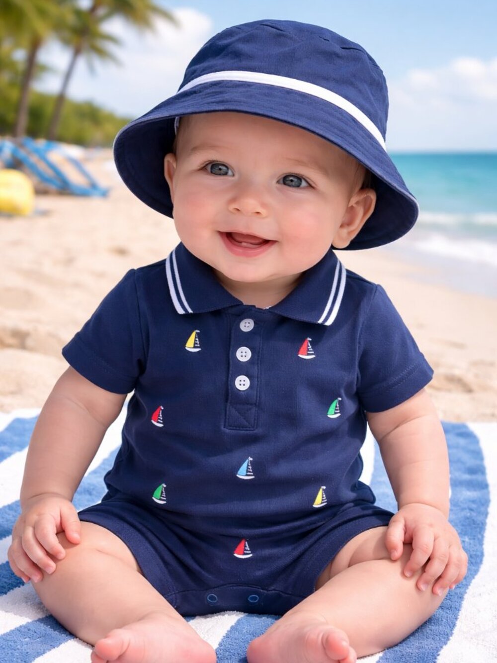 NWT Little Me Baby Boy Sailboat Romper & Hat Set Nautical Navy Summer Outfit - Picture 2 of 3